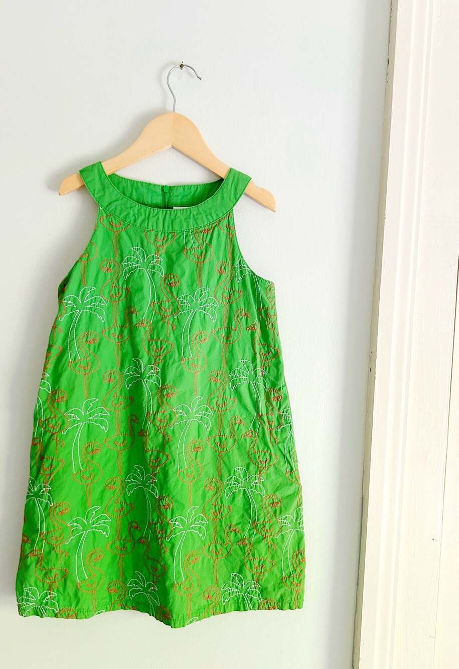 Y2K Gymboree Girls Green Flamingo and Palm Tree Embroidered Sleeveless Dress